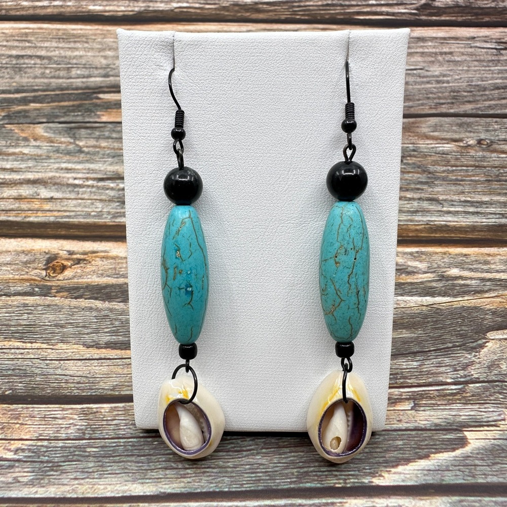 Faux Turquoise Bead Shell Dangle Earrings Black Boho Festival Statement Gift